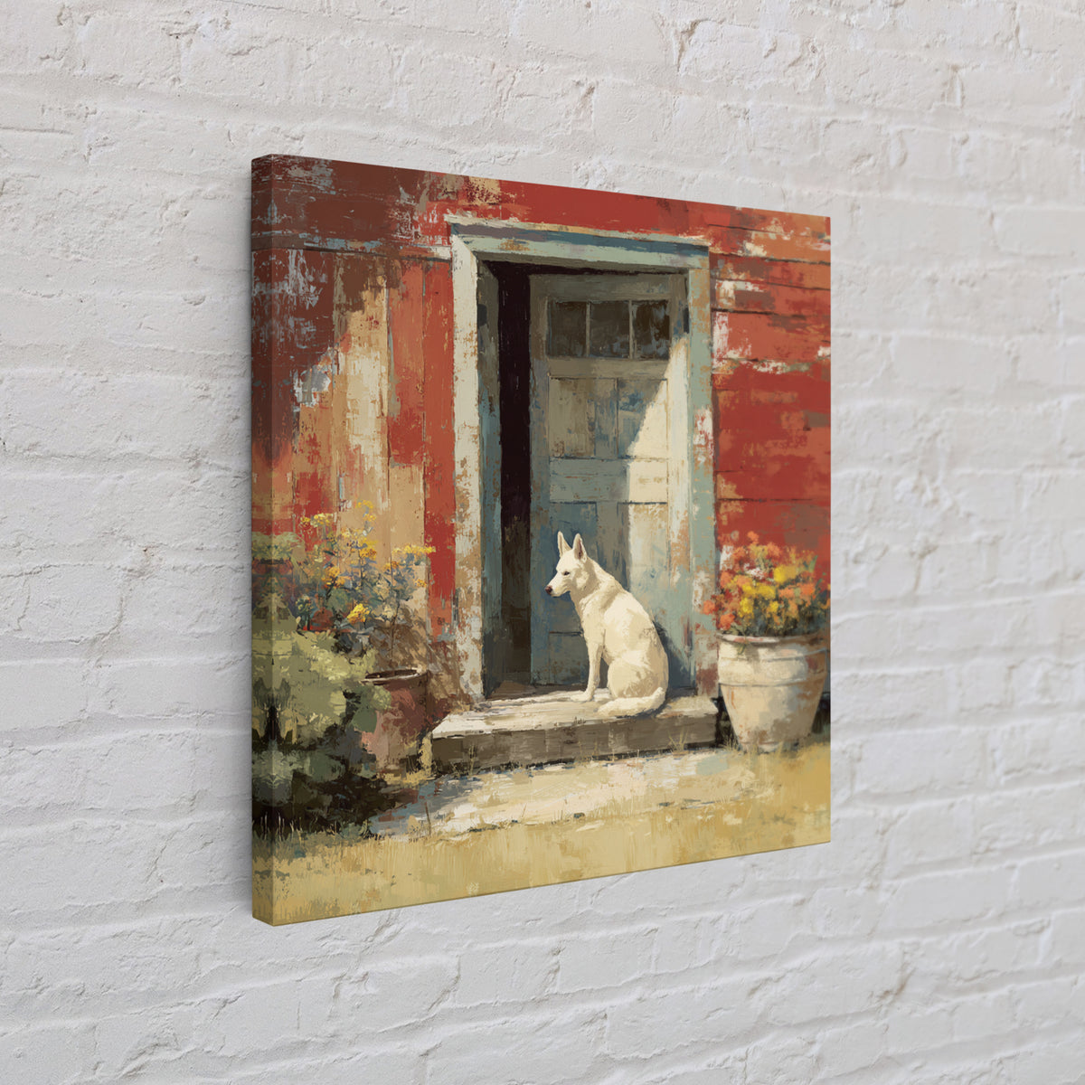 Dog Resting Beside a Porch Flower Pot Framed Canvas Print, Country Art, Landscape Painting, Farmhouse Decor, Oil Painting, COU-1x1-70