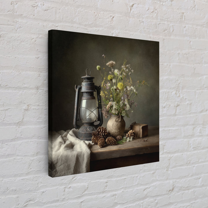 Old Lantern and Pinecones Still Life Framed Canvas Print, Country Art, French Country Decor, Farmhouse Decor, Abstract Art, COU-1x1-72