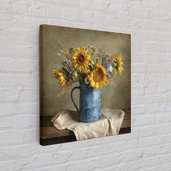 Sunflowers in a Blue Enamel Pitcher Framed Canvas Print, Country Art, Original Painting, Farmhouse Decor, Oil Painting, Country, COU-1x1-8