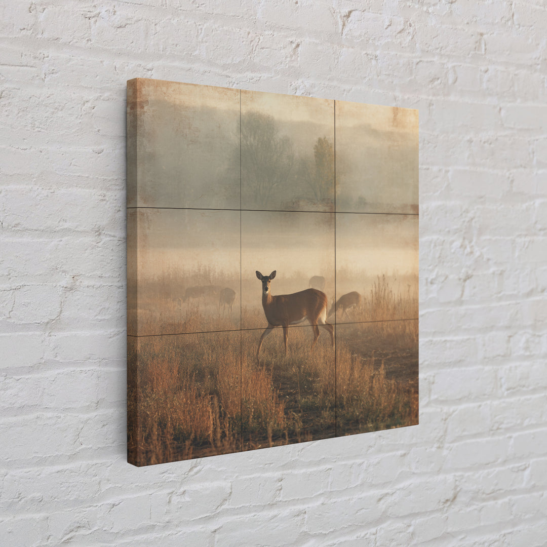 Deer Crossing a Misty Morning Field Framed Canvas Print, Country Art, Fine Art Print, Farmhouse Decor, Fine Art, Country, COU-1x1-83