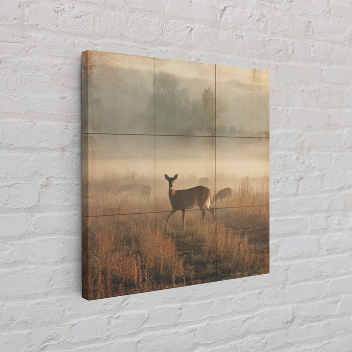 Deer Crossing a Misty Morning Field Framed Canvas Print, Country Art, Fine Art Print, Farmhouse Decor, Fine Art, Country, COU-1x1-83