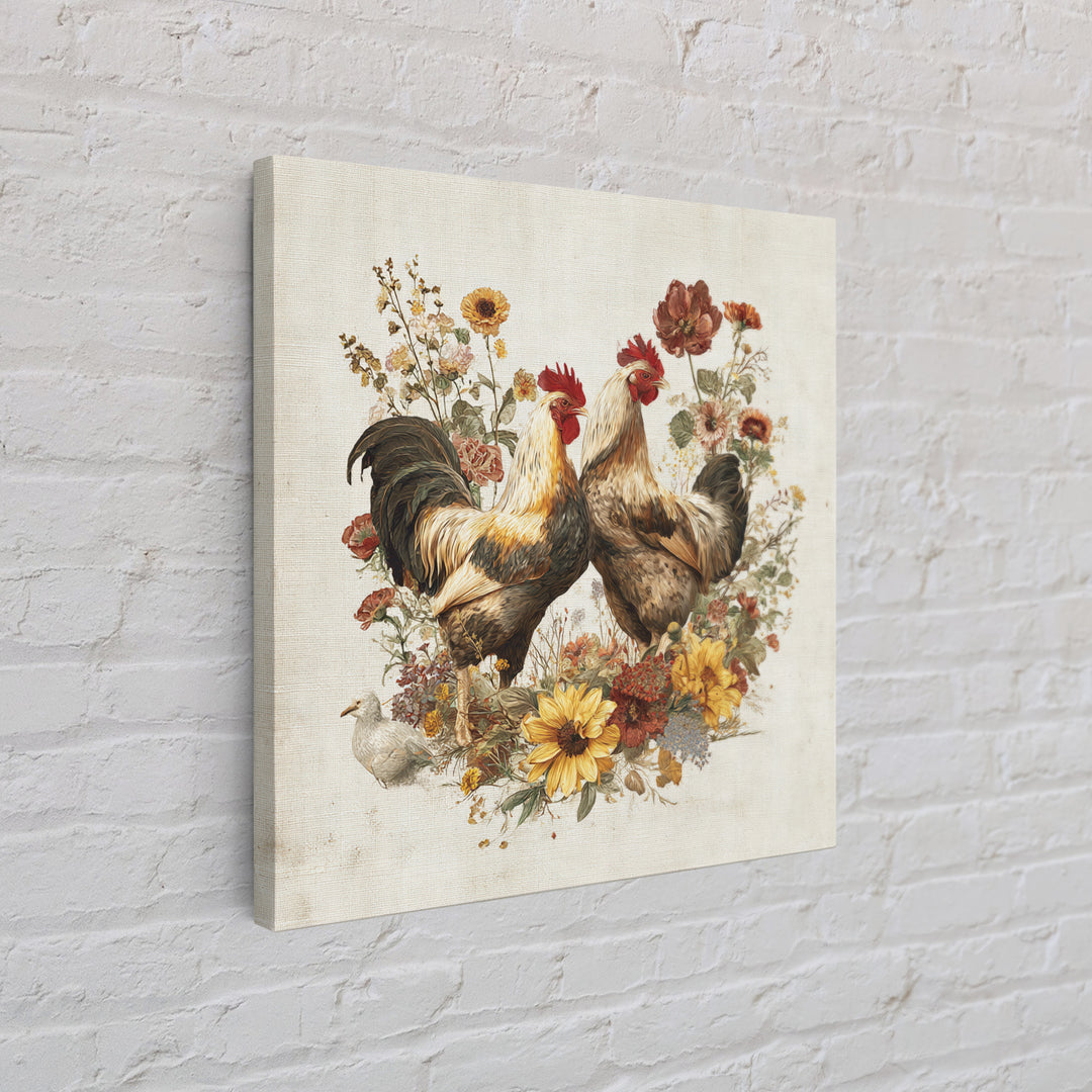 Chickens Pecking Near Garden Flowers Canvas Print, Country Art, Neutral Decor, Farmhouse Decor, Oil Painting, Country, COU-1x1-86