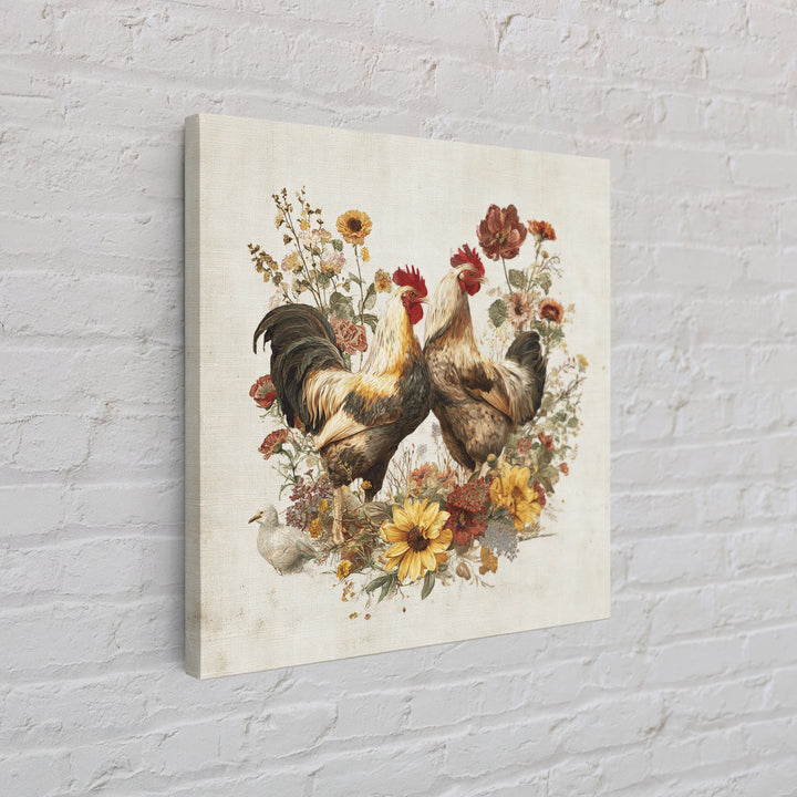 Chickens Pecking Near Garden Flowers Canvas Print, Country Art, Neutral Decor, Farmhouse Decor, Oil Painting, Country, COU-1x1-86