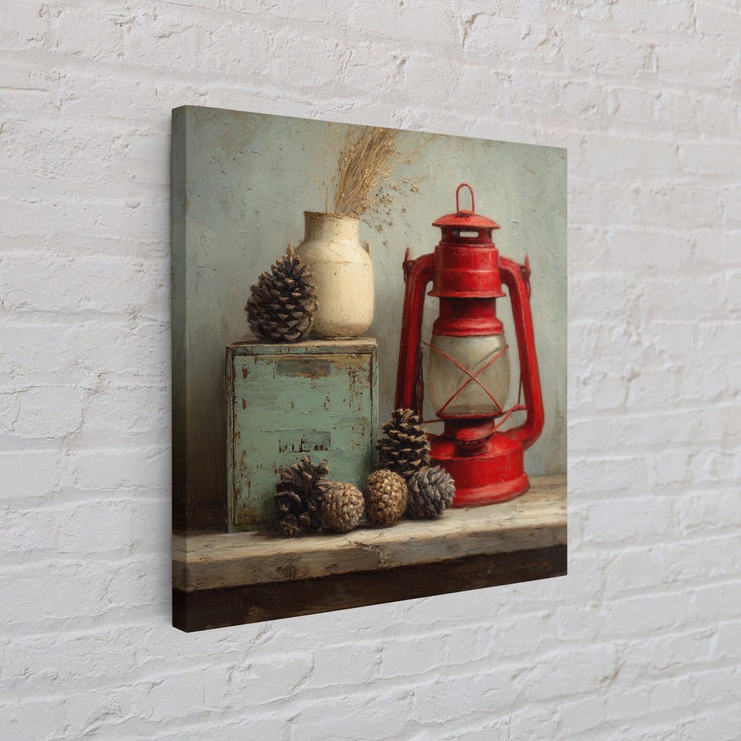 Old Lantern and Pinecones Still Life Framed Canvas Print, Country Art, Digital Prints, Farmhouse Decor, Fine Art, Country, COU-1x1-96