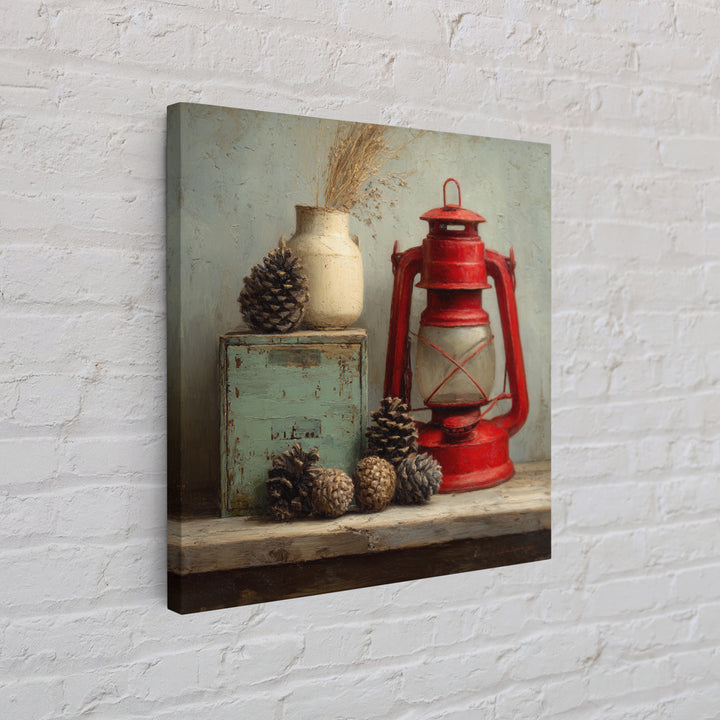 Old Lantern and Pinecones Still Life Framed Canvas Print, Country Art, Digital Prints, Farmhouse Decor, Fine Art, Country, COU-1x1-96