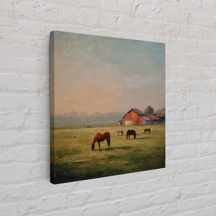 Rolling Pasture with Grazing Horses at Sunrise Canvas Print, Country Art, Wall Art, Farmhouse Decor, Oil Painting, Country, COU-1x1-97