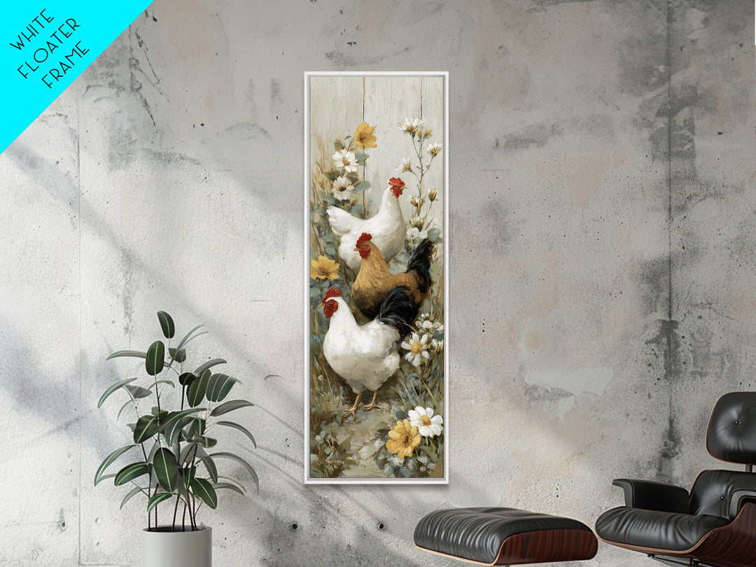 Chickens Pecking Near Garden Flowers Canvas Print, Country Art, Landscape Painting, Farmhouse Decor, Watercolor Art, Country, COU-1x3-26