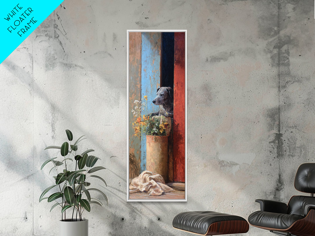 Dog Resting Beside a Porch Flower Pot Framed Canvas Print, Country Art, French Country Decor, Farmhouse Decor, Country, COU-1x3-34
