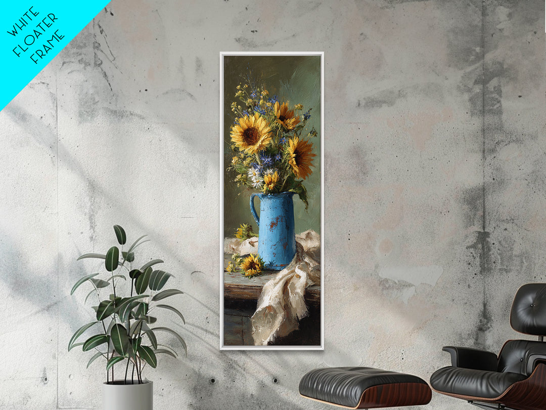 Sunflowers in a Blue Enamel Pitcher Canvas Print, Country Art, Contemporary Art, Farmhouse Decor, Oil Painting, Country, COU-1x3-44