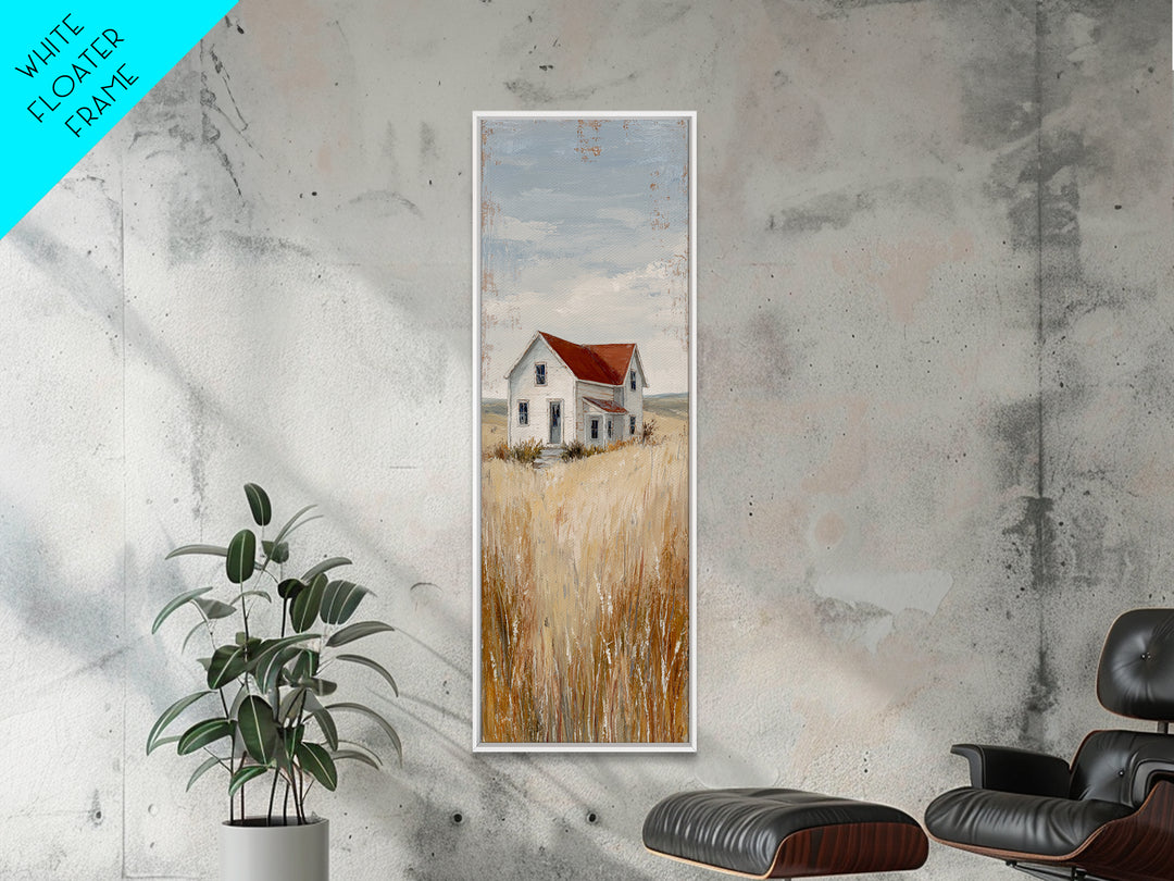 White Farmhouse Surrounded by Tall Grass Framed Canvas Print, Country Art, Gallery Wall Art, Farmhouse Decor, Fine Art, Country, COU-1x3-46