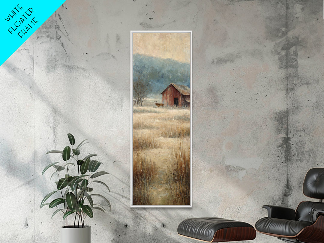 Deer Crossing a Misty Morning Field Framed Canvas Print, Country Art, Oil Painting, Farmhouse Decor, Fine Art, Country, COU-1x3-47