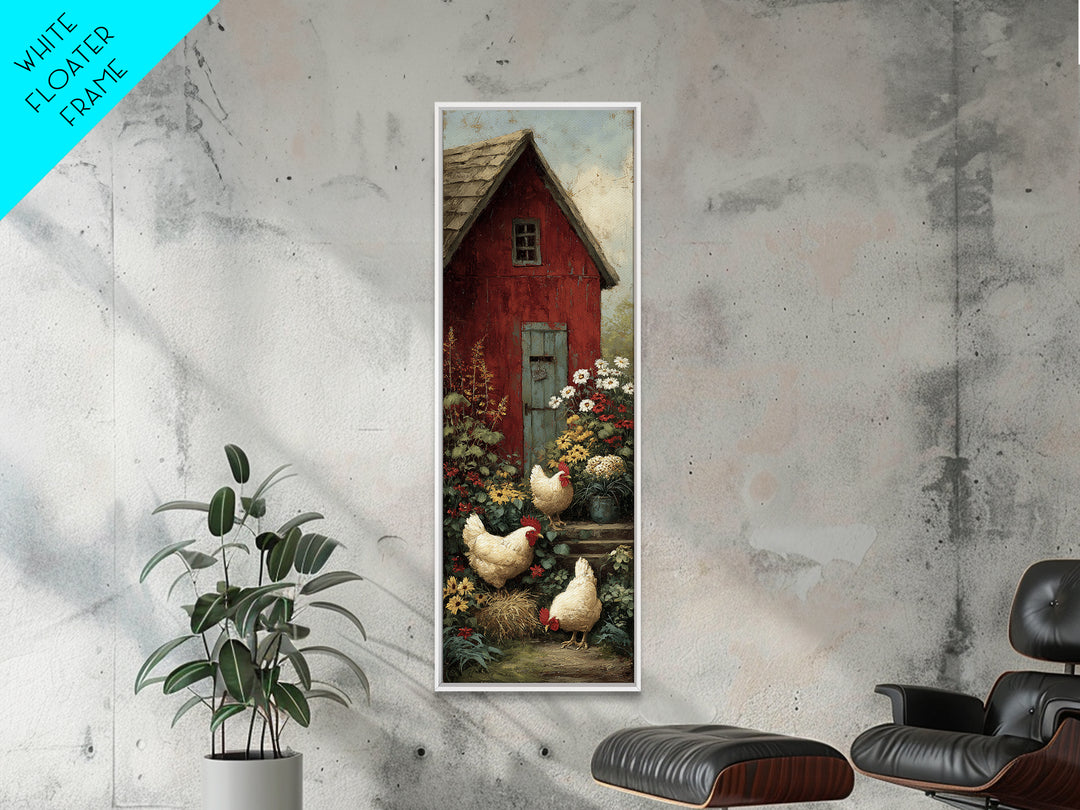Chickens Pecking Near Garden Flowers Framed Canvas Print, Country Art, Landscape Wall Art, Farmhouse Decor, Watercolor Art, COU-1x3-50