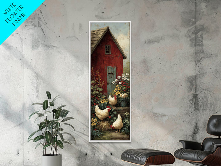 Chickens Pecking Near Garden Flowers Framed Canvas Print, Country Art, Landscape Wall Art, Farmhouse Decor, Watercolor Art, COU-1x3-50