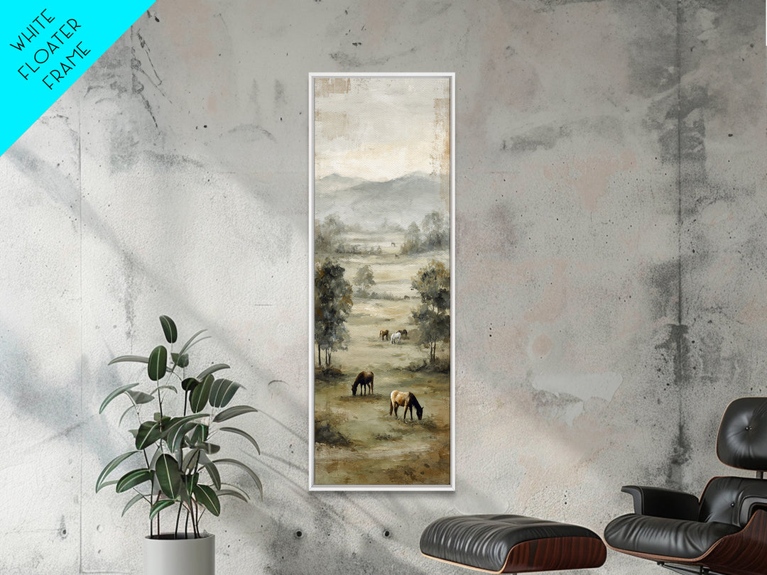 Rolling Pasture with Grazing Horses at Sunrise Framed Canvas Print, Country Art, Textured Painting, Farmhouse Decor, Country, COU-1x3-61