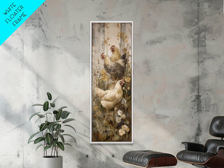 Chickens Pecking Near Garden Flowers Framed Canvas Print, Country Art, Landscape Wall Art, Farmhouse Decor, Watercolor Art, COU-1x3-74