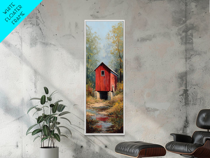 Covered Bridge over a Quiet Creek Framed Canvas Print, Country Art, Digital Art Prints, Farmhouse Decor, Fine Art, Country, COU-1x3-75