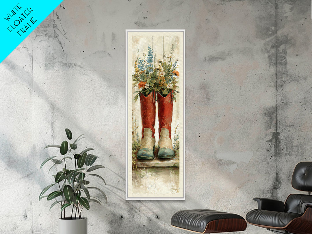 Weathered Boots with Wildflowers Tucked Inside Framed Canvas Print, Country Art, Digital Print, Farmhouse Decor, Country, COU-1x3-76