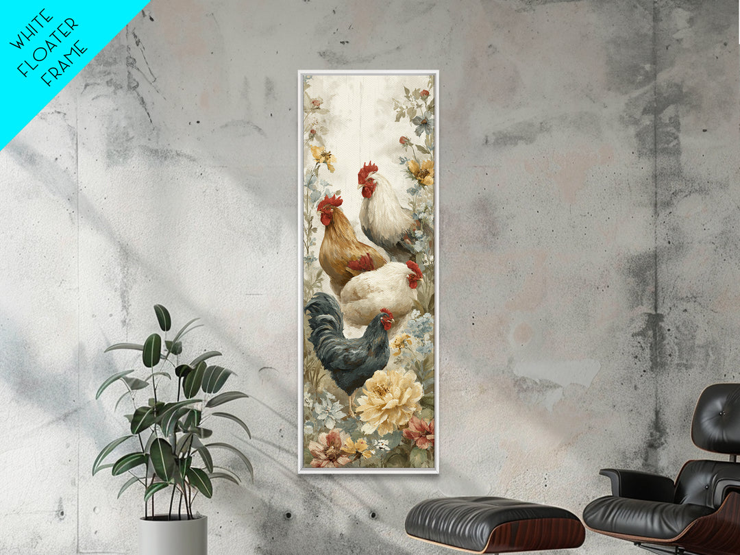 Chickens Pecking Near Garden Flowers Canvas Print, Country Art, Fine Art Print, Farmhouse Decor, Country, Digital Prints, COU-1x3-98