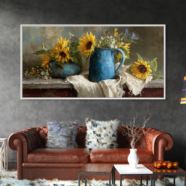 Sunflowers in a Blue Enamel Pitcher Framed Canvas Print, Country Art, Digital Art Prints, Farmhouse Decor, Oil Painting, COU-2x1-100