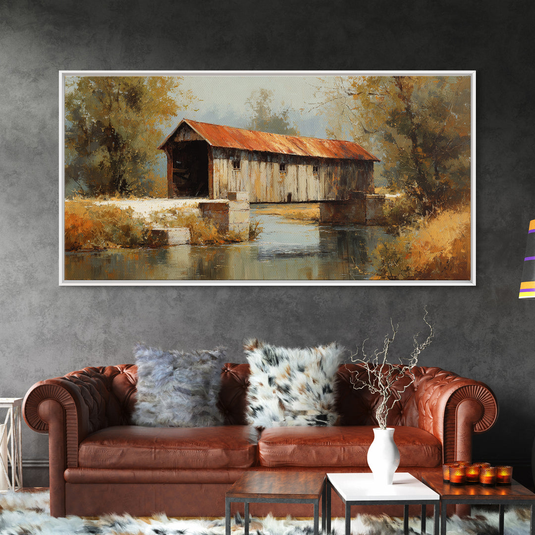 Covered Bridge over a Quiet Creek Framed Canvas Print, Country Art, Watercolor Painting, Farmhouse Decor, Fine Art, Country, COU-2x1-11