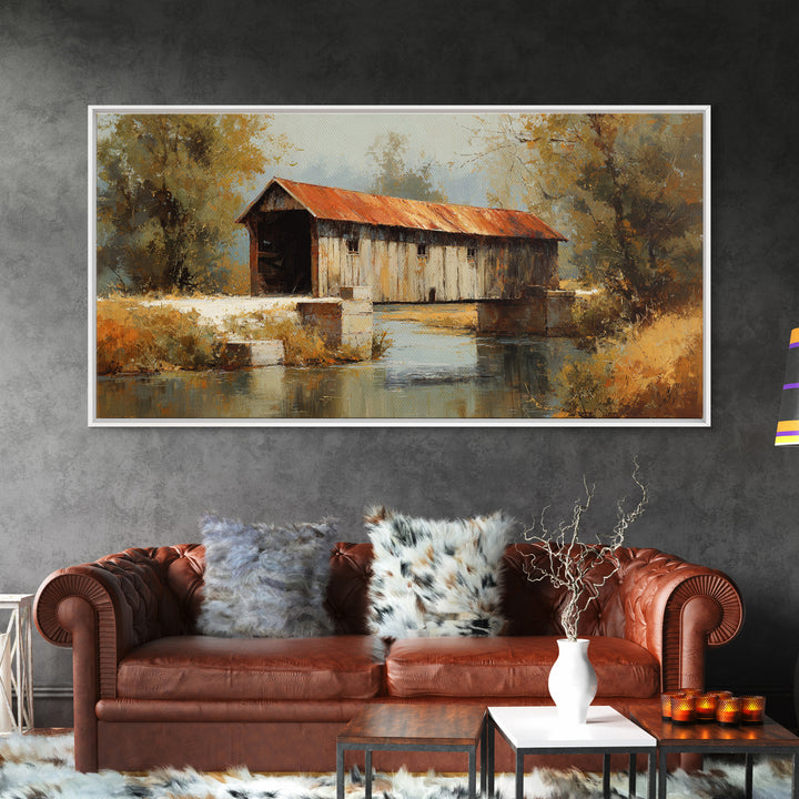 Covered Bridge over a Quiet Creek Framed Canvas Print, Country Art, Watercolor Painting, Farmhouse Decor, Fine Art, Country, COU-2x1-11