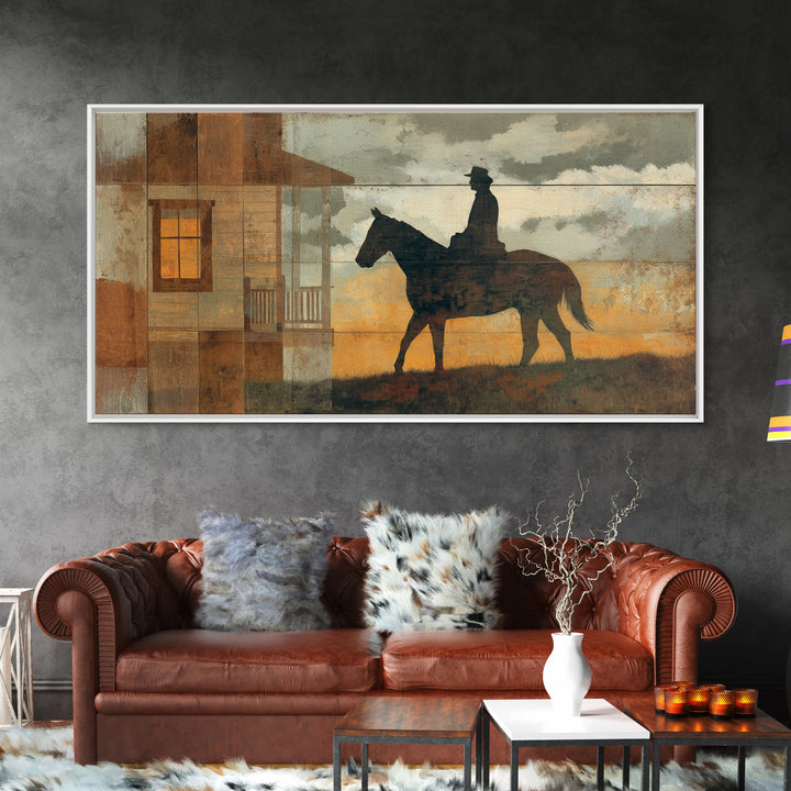 Horse and Rider Silhouette at Dusk Framed Canvas Print, Country Art, Minimalist Decor, Farmhouse Decor, Fine Art, Country, COU-2x1-13