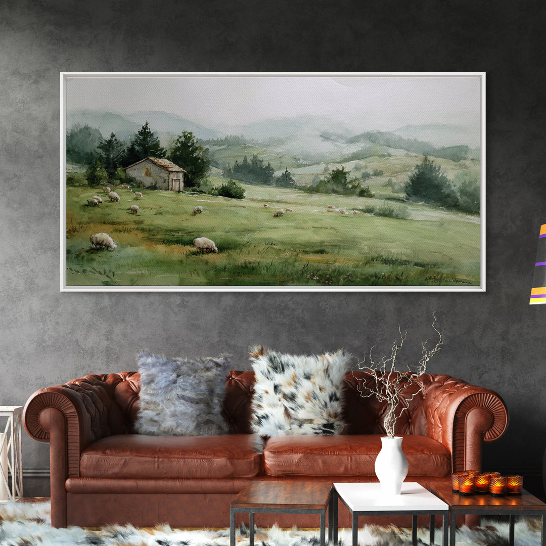 Watercolor Sheep in a Green Pasture Framed Canvas Print, Country Art, French Country, Farmhouse Decor, Fine Art, Country, COU-2x1-19