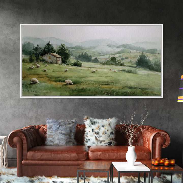 Watercolor Sheep in a Green Pasture Framed Canvas Print, Country Art, French Country, Farmhouse Decor, Fine Art, Country, COU-2x1-19