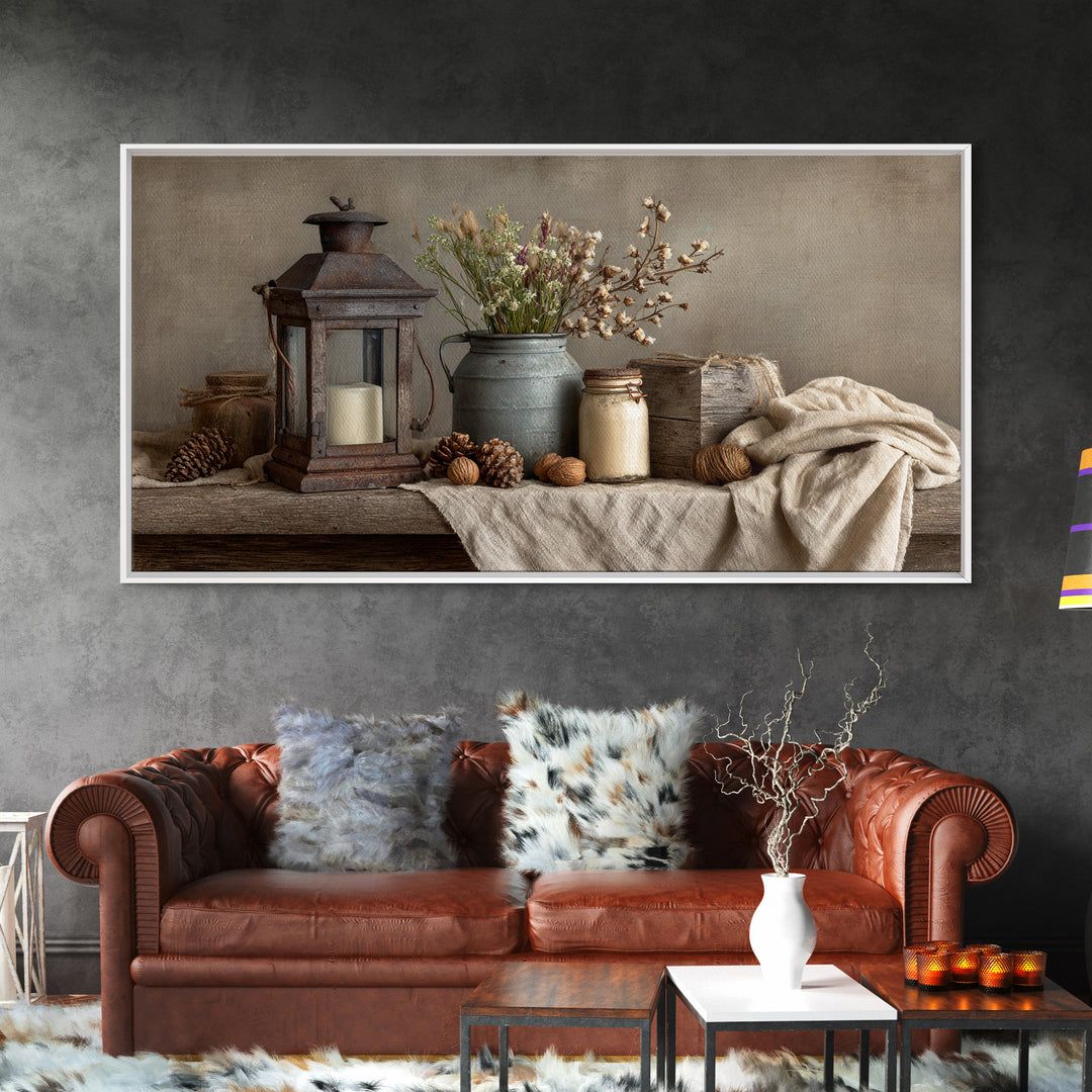 Old Lantern and Pinecones Still Life Framed Canvas Print, Country Art, Fine Art Print, Farmhouse Decor, Fine Art, Country, COU-2x1-20