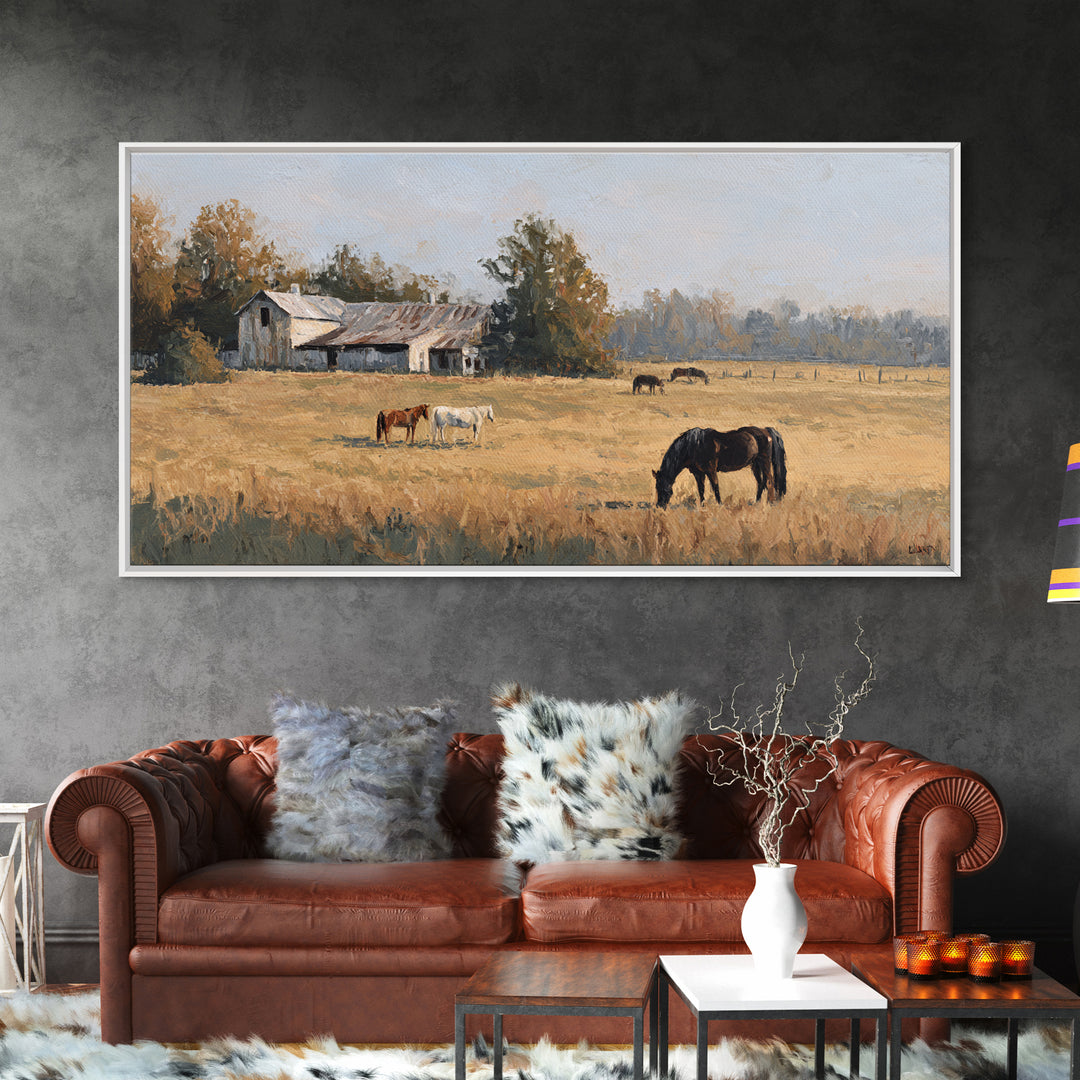 Rolling Pasture with Grazing Horses at Sunrise Canvas Print, Country Art, Wall Art, Farmhouse Decor, Oil Painting, Country, COU-2x1-21