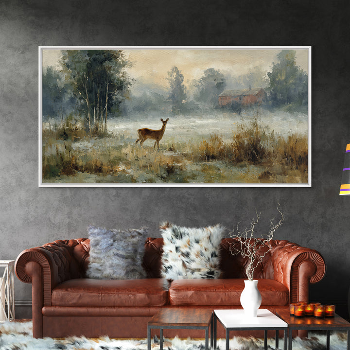 Deer Crossing a Misty Morning Field Canvas Print, Country Art, Original Painting, Farmhouse Decor, Fine Art, Country, COU-2x1-31