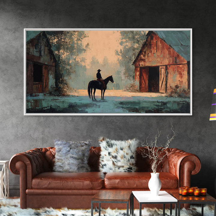 Horse and Rider Silhouette at Dusk Framed Canvas Print, Country Art, Minimalist Decor, Farmhouse Decor, Fine Art, Country, COU-2x1-37
