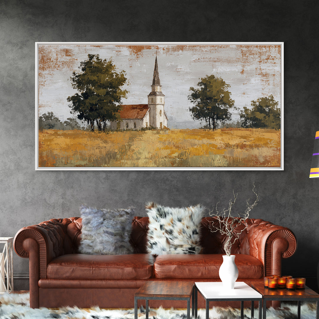 Country Church Steeple Beyond Trees Canvas Print, Country Art, Digital Prints, Farmhouse Decor, Oil Painting, Country, COU-2x1-39