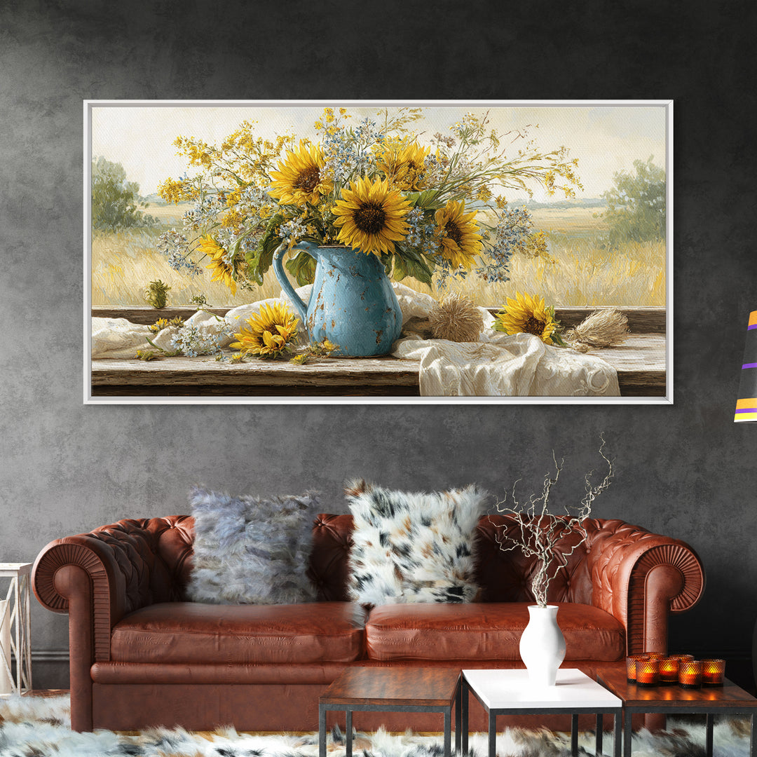 Sunflowers in a Blue Enamel Pitcher Canvas Print, Country Art, Boho Decor, Farmhouse Decor, Oil Painting, Country, Art Prints, COU-2x1-4