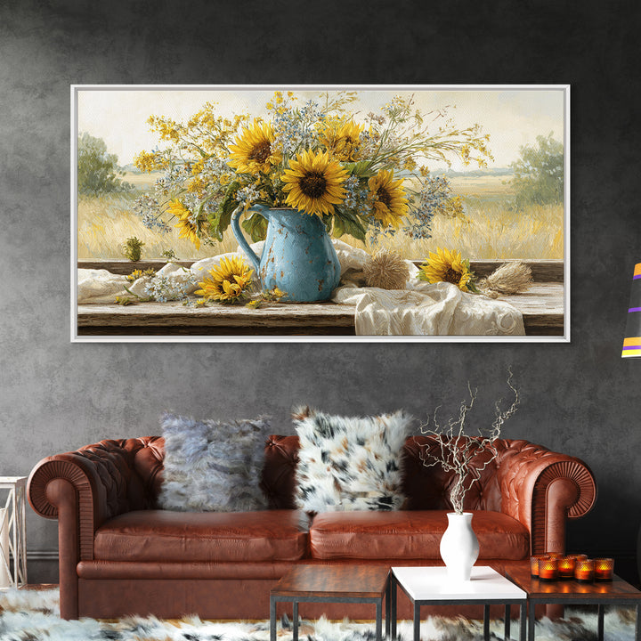 Sunflowers in a Blue Enamel Pitcher Canvas Print, Country Art, Boho Decor, Farmhouse Decor, Oil Painting, Country, Art Prints, COU-2x1-4