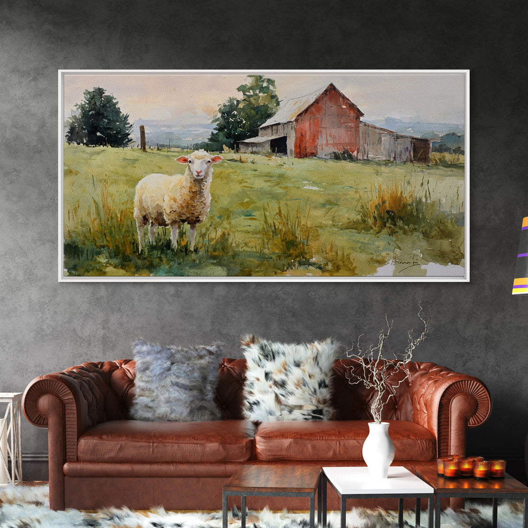 Watercolor Sheep in a Green Pasture Framed Canvas Print, Country Art, Art Prints, Farmhouse Decor, Fine Art, Country, COU-2x1-43