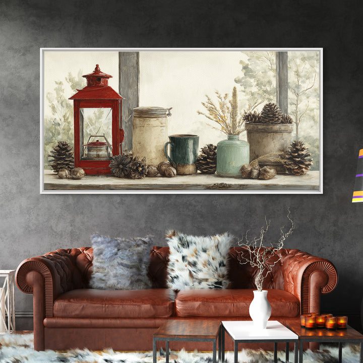 Old Lantern and Pinecones Still Life Canvas Print, Country Art, Textured Painting, Farmhouse Decor, Abstract Art, Country, COU-2x1-44
