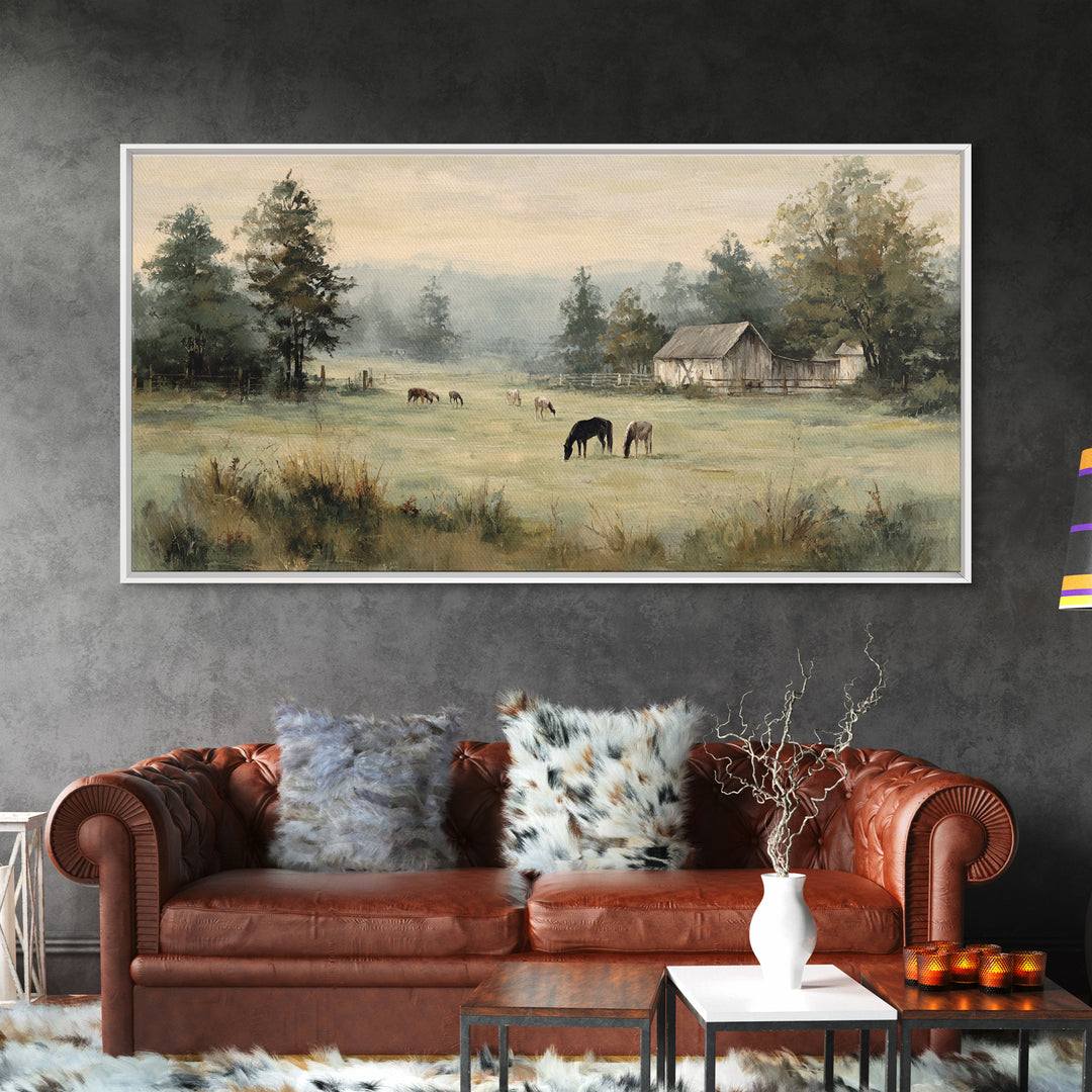 Rolling Pasture with Grazing Horses at Sunrise Framed Canvas Print, Country Art, Art Print, Farmhouse Decor, Fine Art, Country, COU-2x1-45