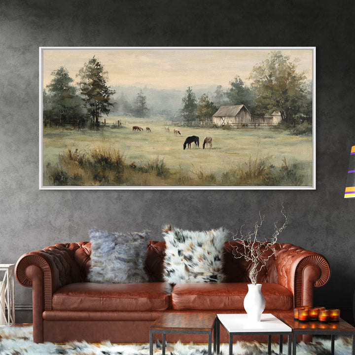 Rolling Pasture with Grazing Horses at Sunrise Framed Canvas Print, Country Art, Art Print, Farmhouse Decor, Fine Art, Country, COU-2x1-45