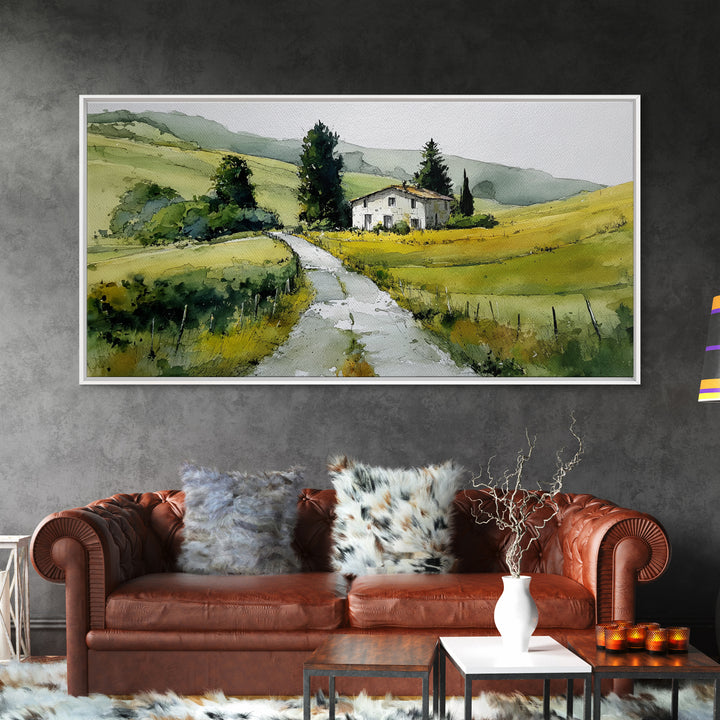 Country Road Disappearing into Green Hills Framed Canvas Print, Country Art, Farmhouse Decor, Watercolor Art, Country, COU-2x1-51