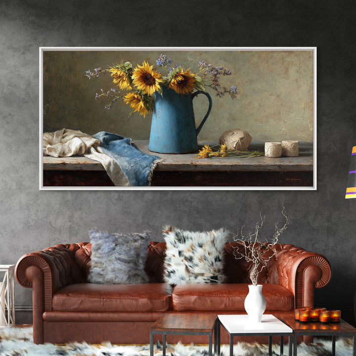 Sunflowers in a Blue Enamel Pitcher Canvas Print, Country Art, Digital Prints, Farmhouse Decor, Watercolor Art, Country, COU-2x1-52