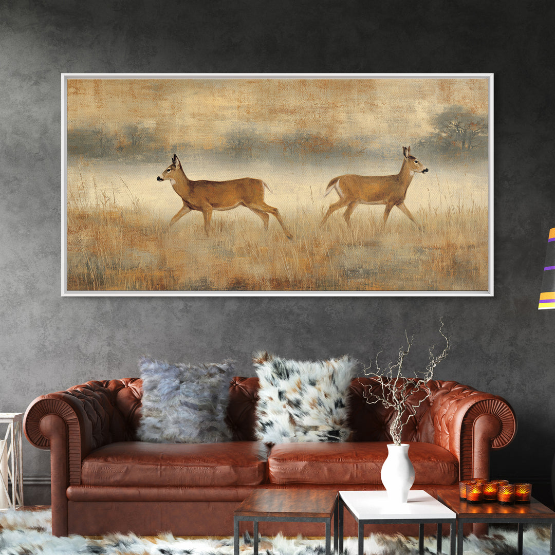 Deer Crossing a Misty Morning Field Framed Canvas Print, Country Art, Printable Art, Farmhouse Decor, Fine Art, Country, COU-2x1-55