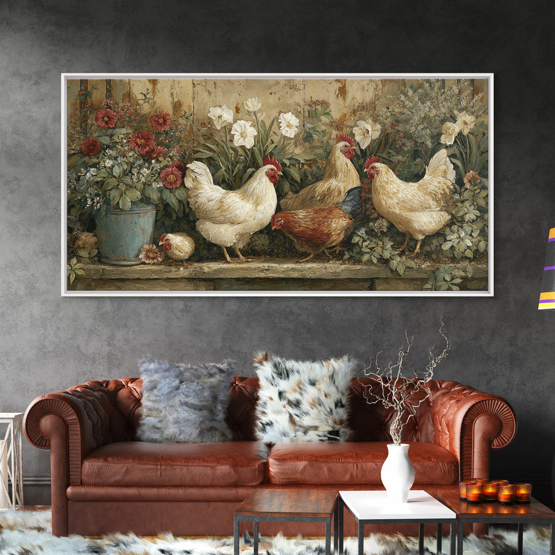 Chickens Pecking Near Garden Flowers Canvas Print, Country Art, Wall Art, Farmhouse Decor, Watercolor Art, Country, COU-2x1-58