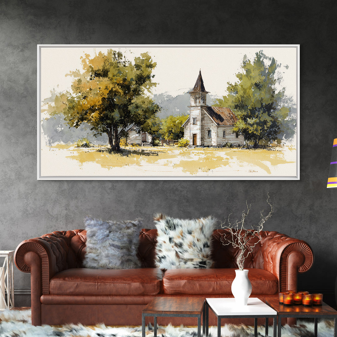 Country Church Steeple Beyond Trees Canvas Print, Country Art, Farmhouse Decor, Country, Gallery Wall Art, Landscape Wall Art, COU-2x1-63