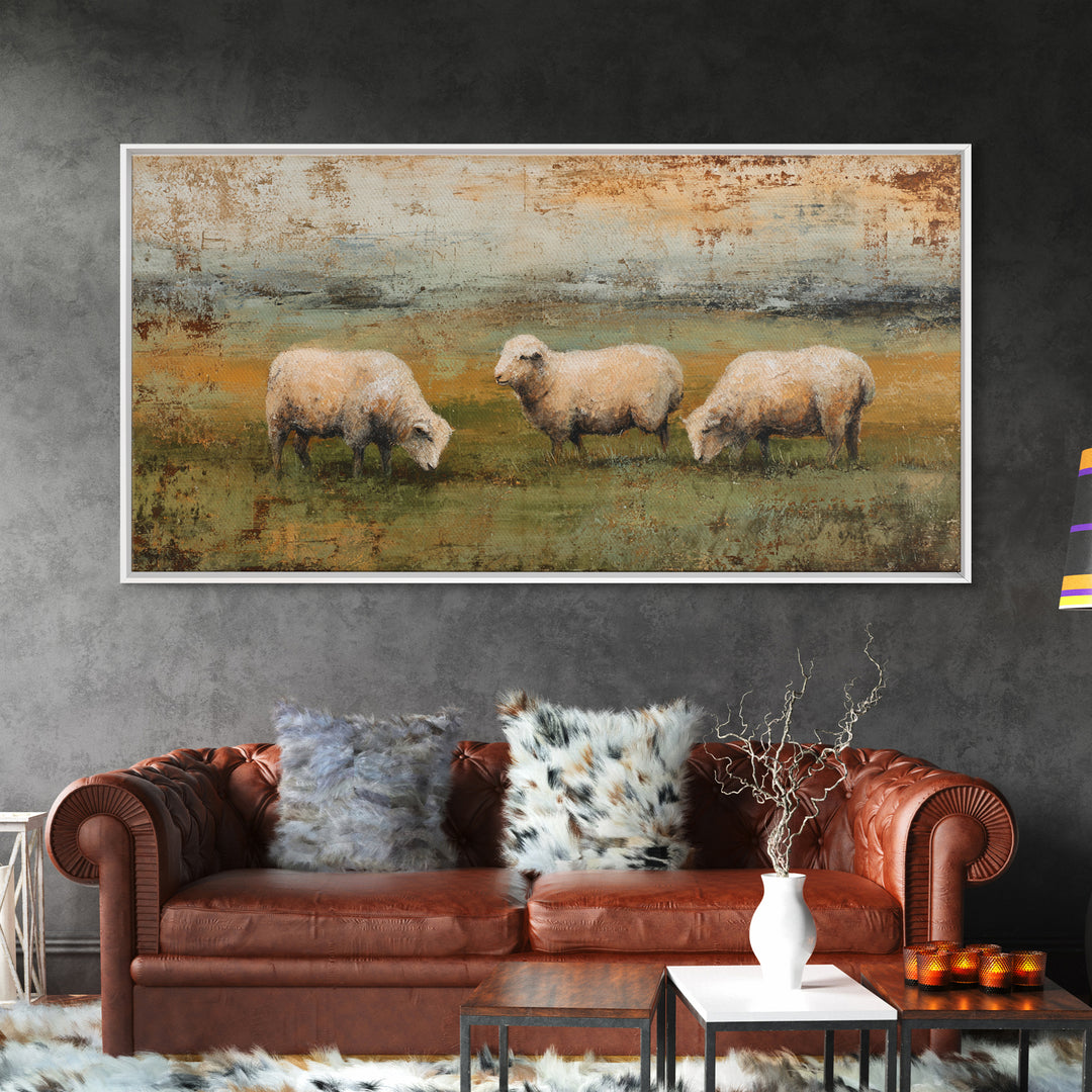 Watercolor Sheep in a Green Pasture Framed Canvas Print, Country Art, Gallery Wall Art, Farmhouse Decor, Fine Art, Country, COU-2x1-67
