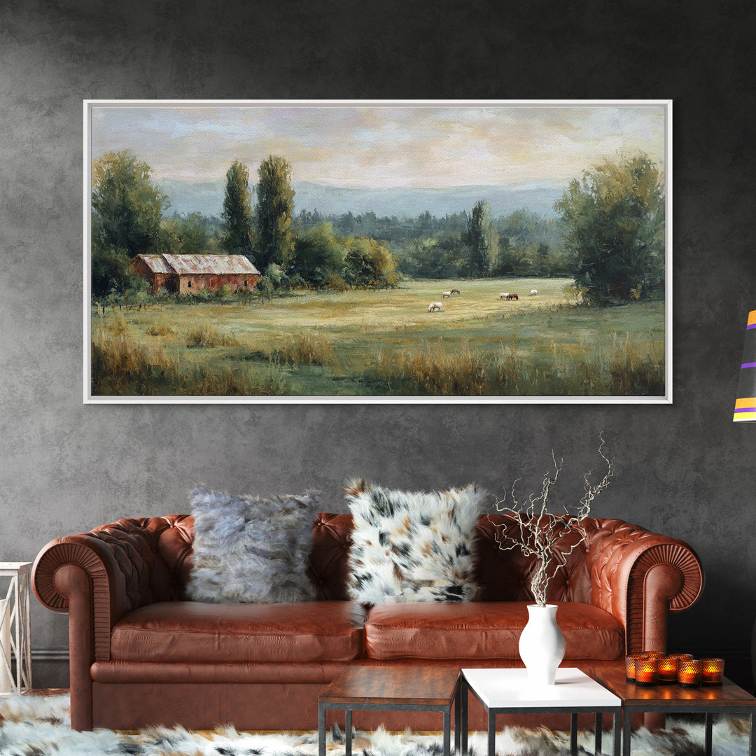 Rolling Pasture with Grazing Horses at Sunrise Canvas Print, Country Art, Large Wall Art, Farmhouse Decor, Fine Art, Country, COU-2x1-69