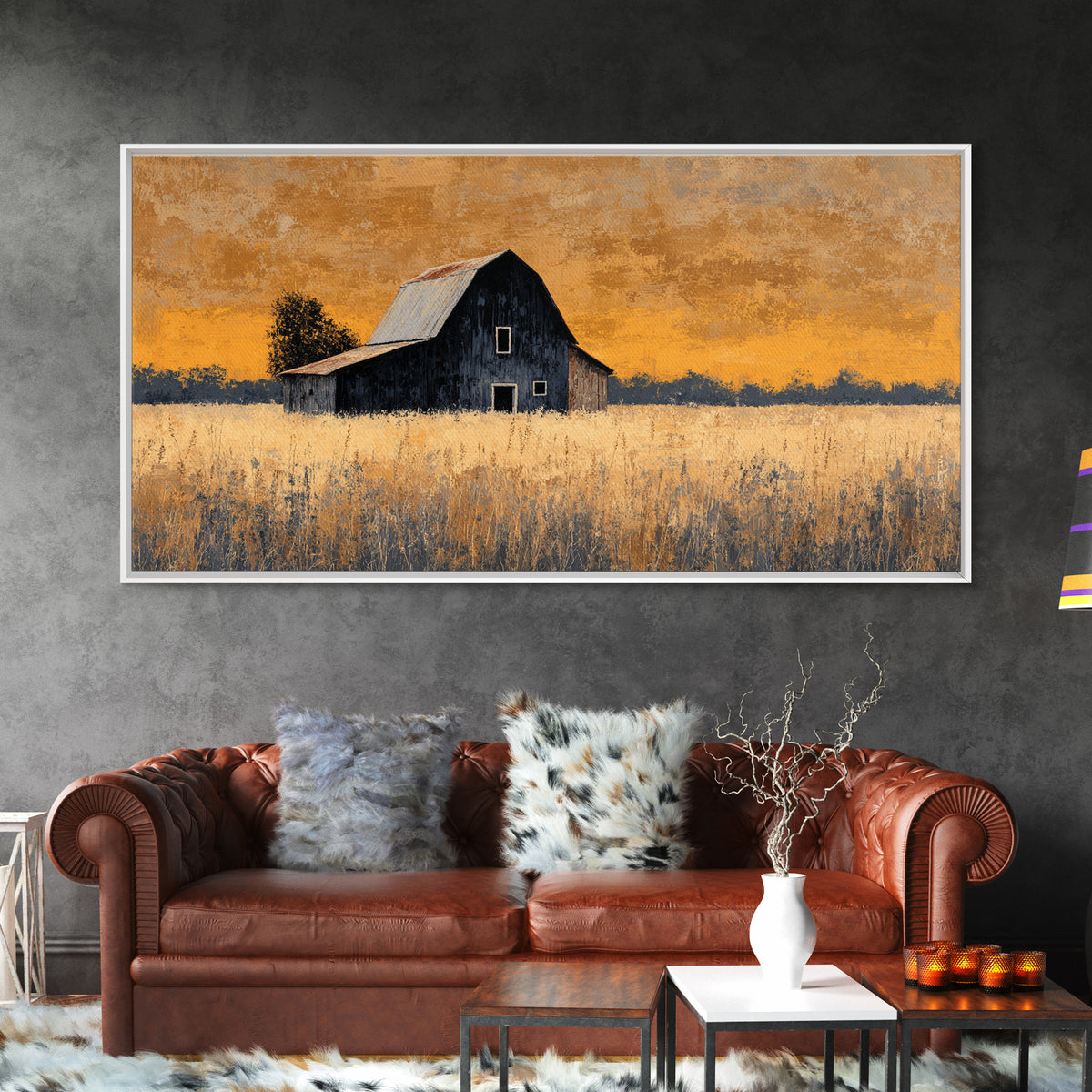 Rustic Barn Silhouette Canvas Print, Country Art, Landscape Painting, Farmhouse Decor, Abstract Art, Country, Statement Artwork, COU-2x1-71