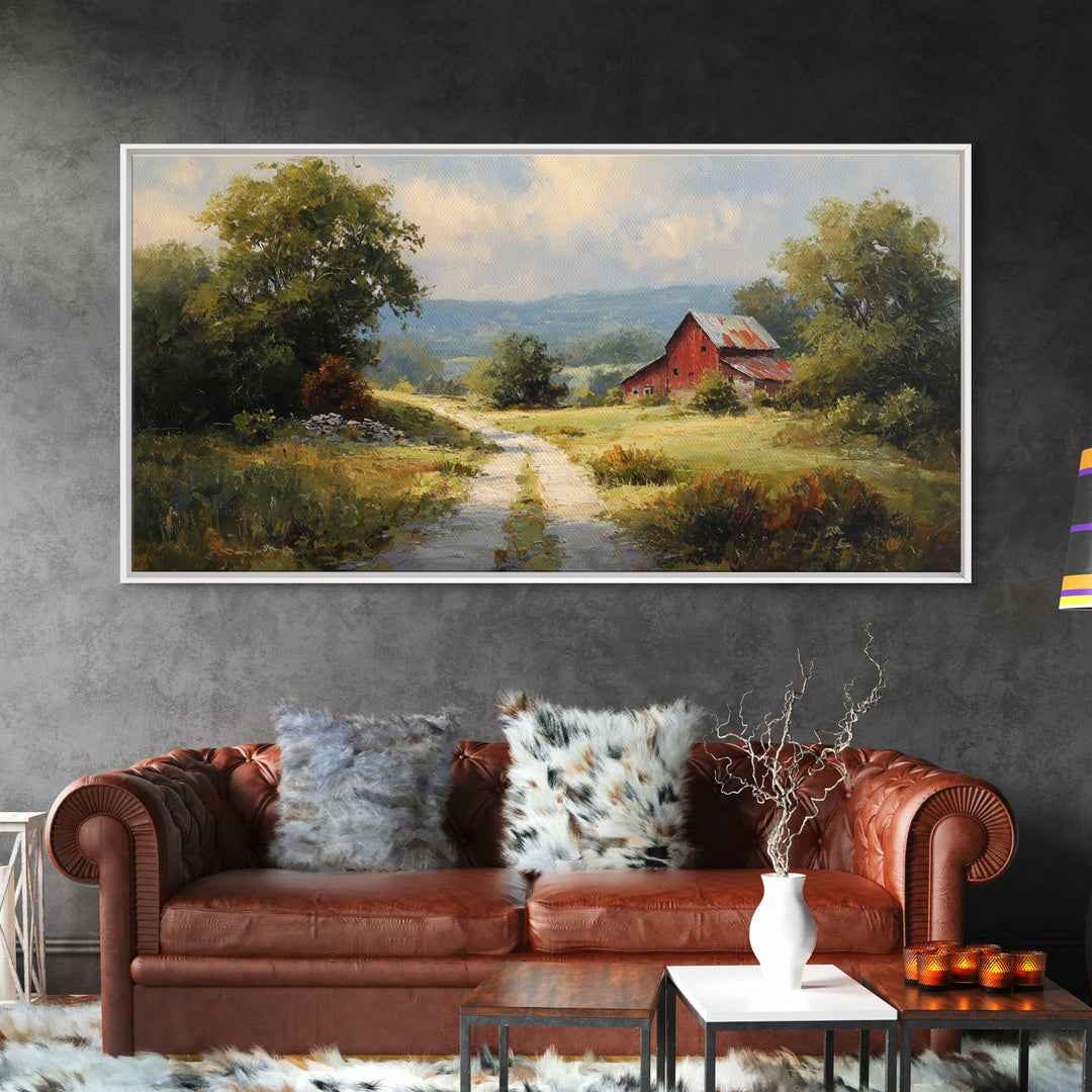 Country Road Disappearing into Green Hills Framed Canvas Print, Country Art, Statement Artwork, Farmhouse Decor, Country, COU-2x1-75