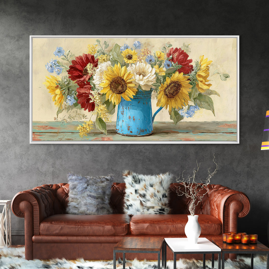 Sunflowers in a Blue Enamel Pitcher Canvas Print, Country Art, Farmhouse Decor, Country, Gallery Wall Art, Landscape Wall Art, COU-2x1-76