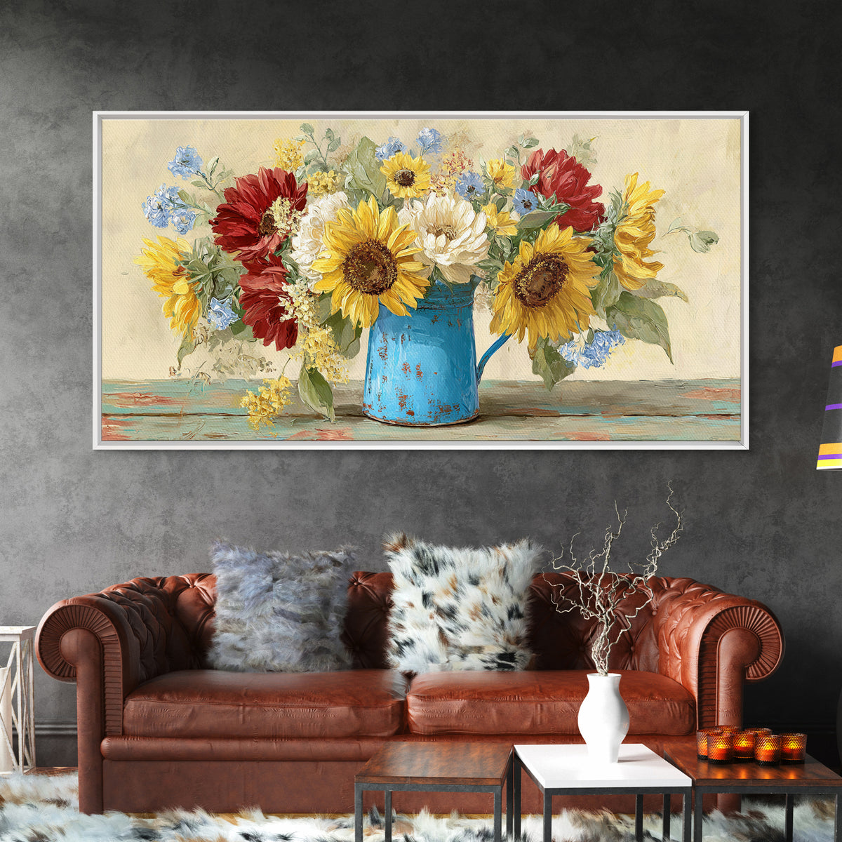 Sunflowers in a Blue Enamel Pitcher Canvas Print, Country Art, Farmhouse Decor, Country, Gallery Wall Art, Landscape Wall Art, COU-2x1-76